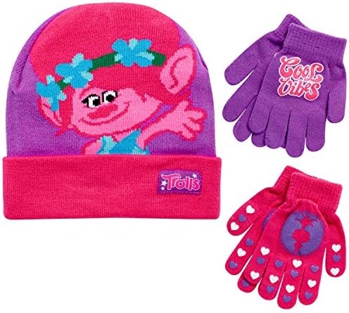 Комплект от зимни шапки Dreamworks Girls Trolls Poppy и 2 чифта Ръкавици (4-7 години)