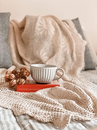 Покривалото Zenviro в стил бохо - Бежово, Кремаво Възли плетени одеяла - Юрган ръчно плетени - Покривка за дивана-легло - Винтажное