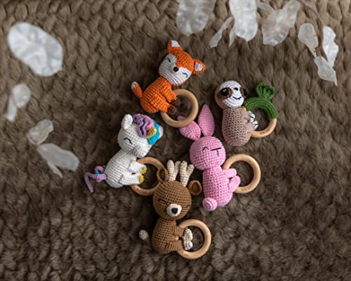 Wabi Kids Animal Friends-Вязаный на една Кука Прорезыватель За зъби, Скъпа играчка във формата на Лос, Дървена Пръстен, Памучен Дрънкалка,
