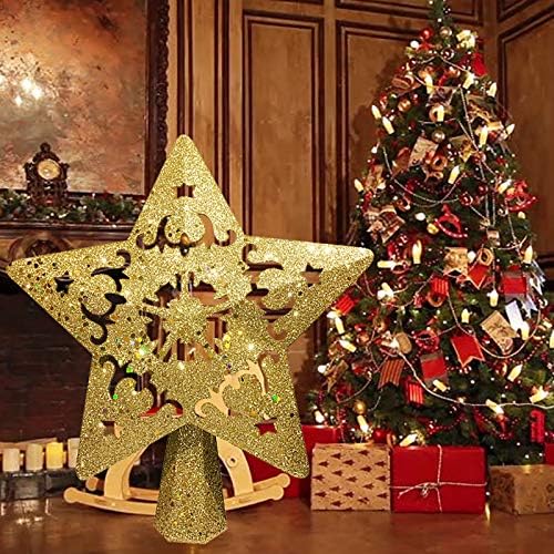 Topper за Коледно FONREST, Осветен Въртяща се 3D Проектор под формата на Снежинки, 9 Златна Блестящ Звездна Лампа на Върха на Дървото, Коледни
