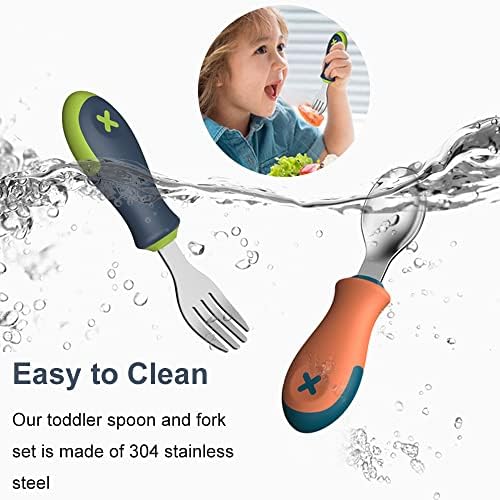 Комплект детски лъжици-вилици EasyRuir с Пътен Футляром за самостоятелно Хранене, Посуда и прибори за деца, Сребърни прибори от неръждаема