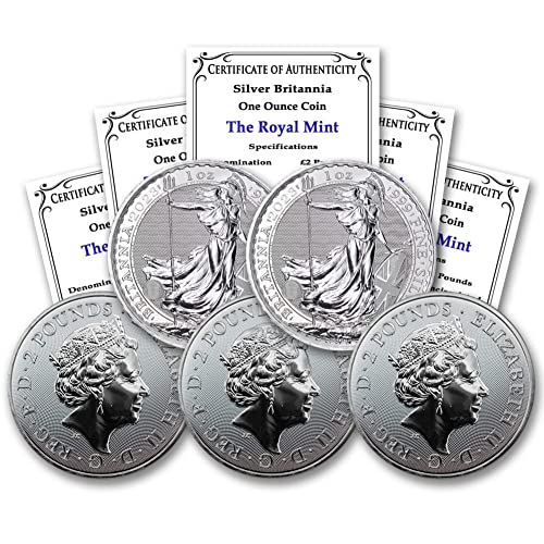 Лот 2023 г. от (5) британски сребърни монети Britannia с тегло 1 унция на Кралския монетен двор Brilliant без тиража със сертификати