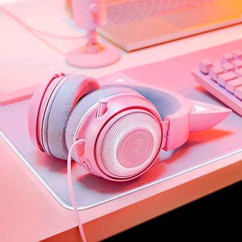 Розови Слушалки, Слот за Слушалки USB， Лека алуминиева рама-Прибиращ се микрофон с шумопотискане, Котешки уши с осветление RGB-слушалки