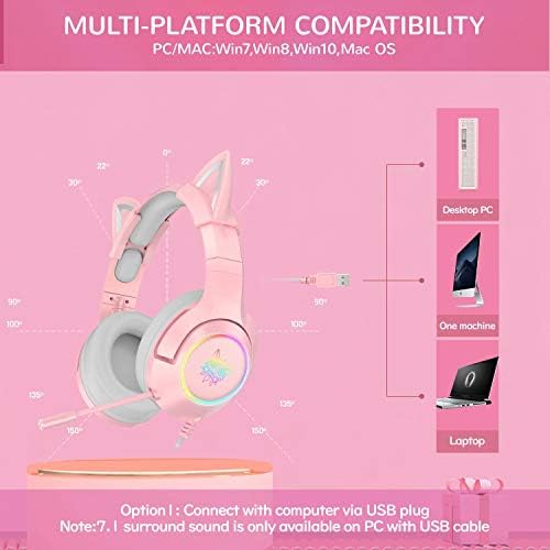 Детска слушалки SIMGAL Pink, съвместима само с PS4, КОМПЮТРИ, компютър и лаптоп с виртуален съраунд звук 7.1, Подвижна кошачьим ухото, прибиращ