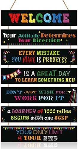 Комплект от 7 Дървени Табели Обратно в училище с Вдъхновяващи цитати, Добре дошли Знак за стена, Мотивационни Означения в класната стая,