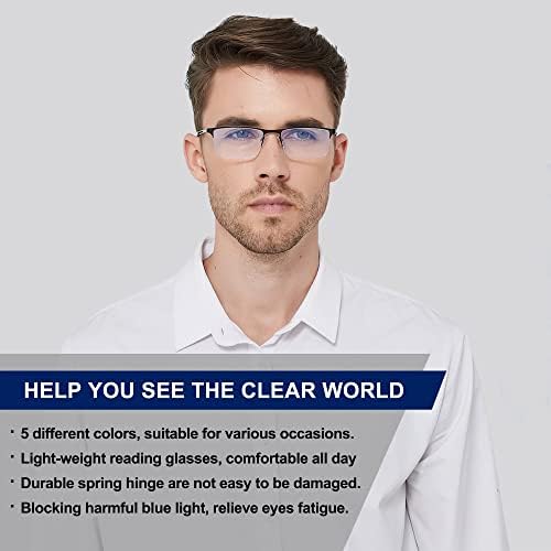 Очила за четене, 5 комплекти за мъже, блокиране на синя светлина, метална дограма за четене, пружинни панти, Леки Очила с UV-филтър