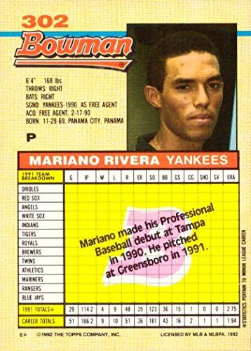 1992 Bowman Baseball 302 Карта начинаещ Мариано Ривера - ЕДИНСТВЕНАТА Му истинска картичка начинаещи!