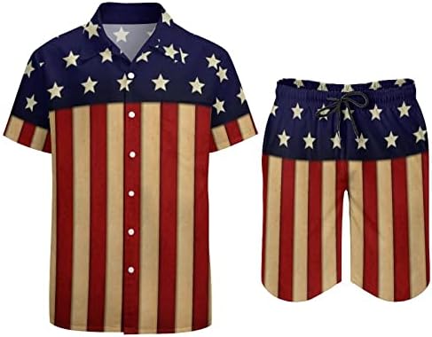 Мъжки плажно Облекло с Флага на Американската Славата WEEDKEYCAT, Хавайска Риза с копчета с Къс ръкав и къси Панталони, Комплекти