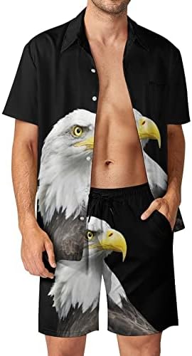 Плешив Орел-на трева в Черно Мъжки Плажен костюм, Хавайска Риза с копчета от 2 теми, Комплекти с Къс ръкав и Къси панталонки