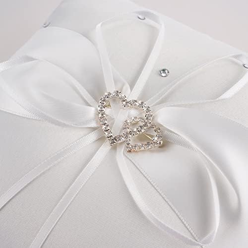 Възглавница за носенето на пръстени за Сватбената церемония - Възглавници за пръстени, цвят на Слонова кост, Бял Цвят, Сватбена Двойно Сърце с Завързана Хрусталем з