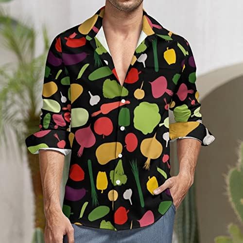 Ежедневна Риза с Копчета и Дълъг Ръкав и Свеж Модел Зеленчуци, Плажен Топ Копчета за Мъже