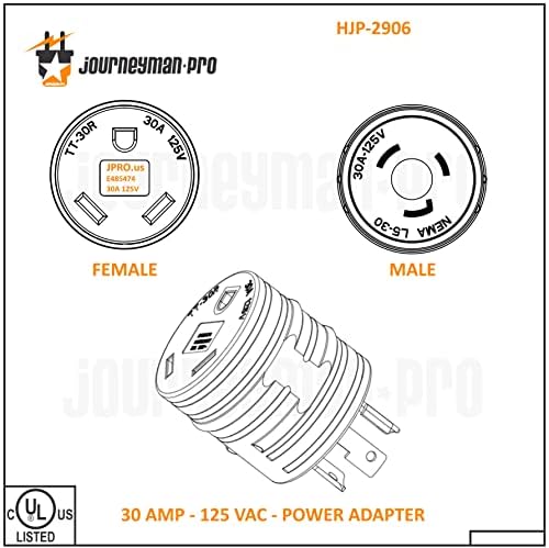 Адаптер за захранване на генератор Journeyman-Pro за дом на колела L5-30P с жак TT-30R с жак 125 ac 30 Ампера - Конвертор штепсельной вилици електрически кабел (черен каучук) (L5-30P в TT-