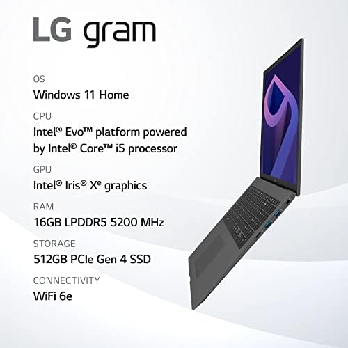 Ультралегкий лаптоп LG Грам (2022) 17Z90Q, 17-инча (2560 х 1600) IPS-дисплей, процесор Intel Evo 12-то поколение i5 1240P, 16 GB LPDDR5, 512