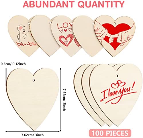 100 Броя 3 Инча(ите), Парчета дърво във формата на сърце Дървени Орнаменти във Формата на Сърце Дървени Етикет с Дупки,