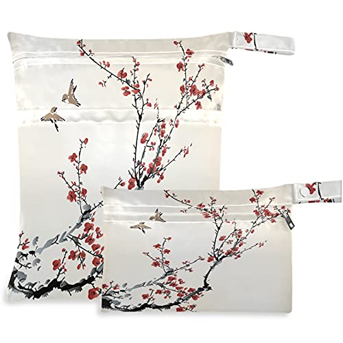 visesunny Cherry Blossom Bird в Китайски Стил, 2 бр., Влажна чанта с джобове с цип, Моющаяся, Множество, Голям за Пътуване, плаж,