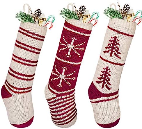 Коледни Чорапи LimBridge, 3 опаковки Голяма Плетени 20 инча, Класическа Коледна Елха в Ивица с Снежинками, Домашни Персонални Чулочные Украса