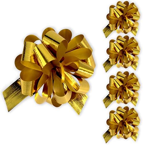 Подарък лък Instabows с тапицерия в метален стил - Елегантен съответствие на съвсем малък подарък - 5 инча - Златен - идеален за опаковане на коледни подаръци Включва 5 пра