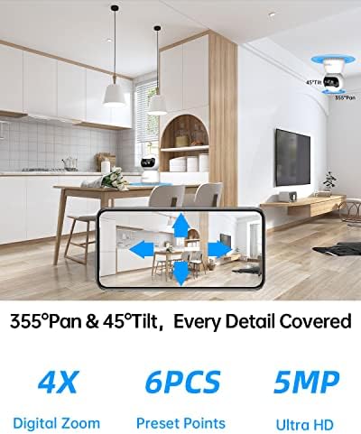 【5MP & 5G/2.4 G WiFi】 Камера за сигурност за защита на помещения, 5-МЕГАПИКСЕЛОВА PTZ WiFi камера за домашна сигурност, автоматично проследяване,