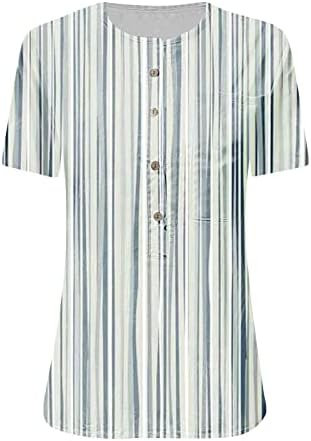 Дамски Летни Блузи, Ежедневни Ризи с кръгло деколте в Ивица и Къс Ръкав Копчета Върхове с Джоб