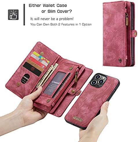 Калъф CaseMe за iPhone 13 Pro Max, Мултифункционален Кожен Калъф-портфейл с панти капак-фолиантом с цип и отделения за карти, Свалящ