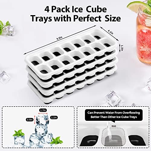 Тави за кубчета лед DOQAUS 4 опаковки, Лесно премахва и Гъвкави Силиконови тави за кубчета лед в 14 предмети с непроливающейся свалящ се капак, Штабелируемые тави за лед