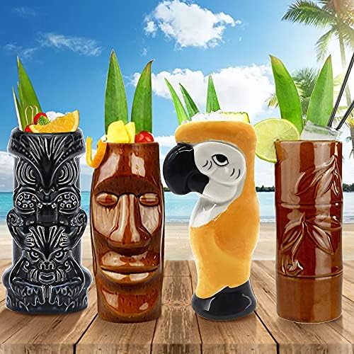 Комплект за коктейли Tiki Mugs от 4 големи чаши, Керамични хавайски чаши Luau за партита, Посуда за напитки, Сладки екзотични Чаши за коктейли, Професионална хавайски приб