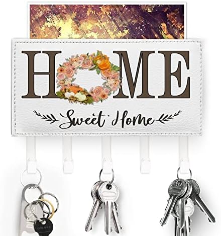 Home Sweet Home на Държач за ключове Есента Цвете Кленови Листа Венец Монтиране на стена Полк За Ключове Класически Реколтата, Самозалепващи