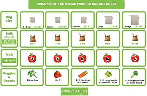 Множество Продуктова чанта от органичен памук AMOUR INFINI | Миещи Муслиновые чанти за съхранение на плодове и зеленчуци | Комплект