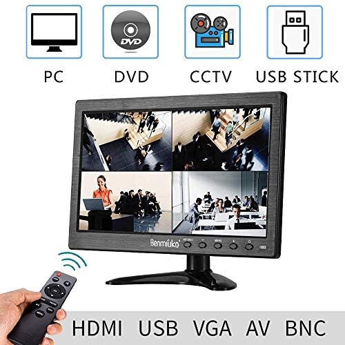 Benmiuko 10,1 инчов HDMI Малък монитор LCD монитори за видеонаблюдение с AV, VGA, BNC USB TV-порт на DVR/PC/DVD/Домашна офис система за видеонаблюдение HD 1280x800 Цветен екран с вграден висок