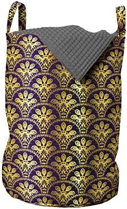Жълт Дамасская чанта за дрехи Ambesonne, Традиционен Ориенталски паун във формата на Риба Везни и ивици от дантела, Кошница за дрехи с дръжки,