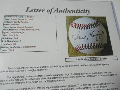 Санди Куфакс Лос Анджелис Доджърс, подписано бейзболен топката OLB с автограф от JSA LOA - Бейзболни топки с автографи