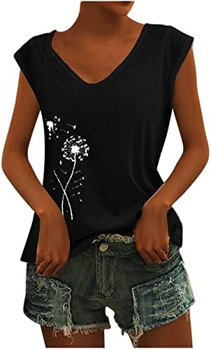Есенно-Лятна Тениска Без Ръкави За Момичета, Vneck, Памучен Однотонная Блуза с Флорални Принтом под формата на Глухарче, Риза за Жени SA