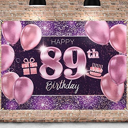 Банер PAKBOOM С 89-тия Рожден Ден, на заден план - 89 Украса за парти по случай рождения Ден на Жените - Розово Лилаво Златен 4 x 6 метра