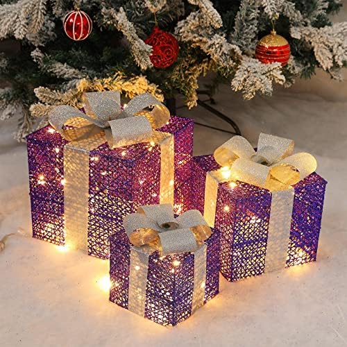 Комплект от 3 Коледни подаръци кутии с осветление, Коледни Подаръчни кутии с Подсветка за Коледна украса, Подаръчни кутии за Три Различни