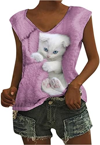 Жените Риза, Върховете на Бретелях с 3D Принтом Котка, Ежедневни Тениски С Графичен Дизайн, Летни Тениски Без ръкав, Блуза С