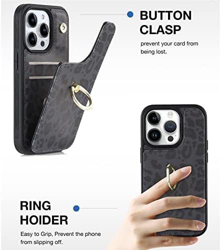 Калъф за телефон Elteker iPhone 13 Pro Max с държач за карти, една чанта-портфейл за жени с пръстен-поставка за карти с RFID заключване, Кожен калъф за iPhone 13 Pro Max (6,7 инча) - Тъмно Ле?