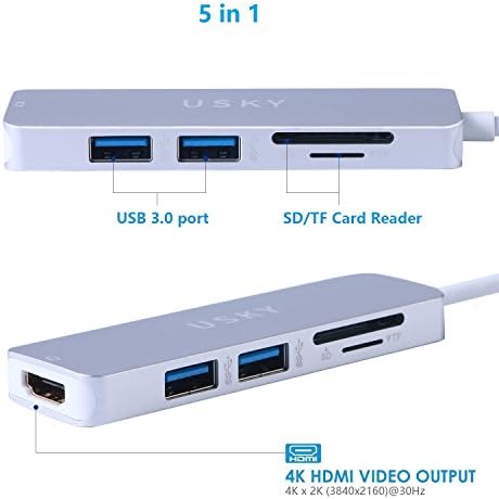 Хъб USB C, Многопортовый хъб USB Type-C с HDMI порт, 2 USB 3.0, четец на карти SD /TF карта, адаптер USKY USB-C-HDMI за MacBook Pro и други