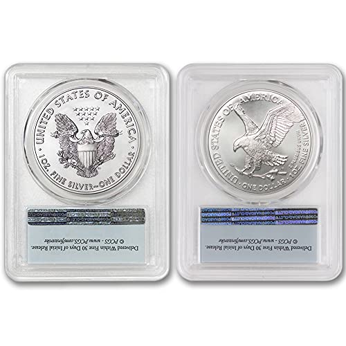 2021 Комплект (2) монети американски сребърен орел MS-70 тегло 1 унция MS-70 (Тип 1 и Тип 2 - Надпис First Strike - Флаг) от Coinfolio на стойност 1 долар MS70 бр.