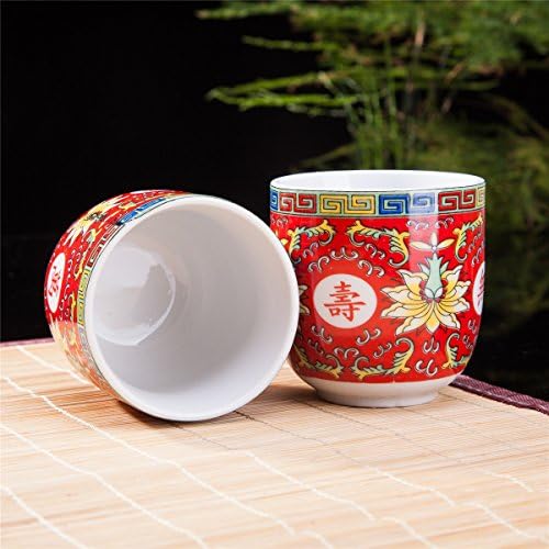 Комплект за КОЛЕКЦИОНЕРИ на THY от 6 керамични чаени чаши восточноазиатского дизайн червения цвят е символ на дълголетие с капацитет от 8 унции Всяка.