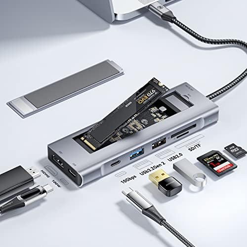 Хъб USB C 8 в 1 с корпус M. 2 NVMe SSD 10 gbps, докинг станция ESSAGER с 4K, HDMI 1.4, USB 3.0, PD100W, корпус USB C 3.1 от алуминиева