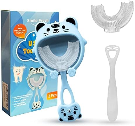 Детска U-образна четка за зъби Smile Fresh - четка за Зъби за цял устата на 360 ° - с 2 дюзи, стъргалка за език, стена за съхранение