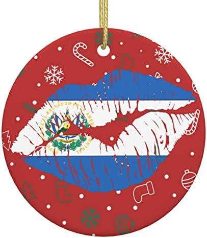 Флаг На Салвадор Устните Кръгла Форма Коледен Орнамент Коледно Дърво Декор Керамични Бижута, Сувенири, Подаръци Двупосочен Порцеланов Висулка