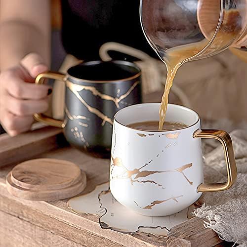 LUCCK Керамични Кафеена Чаша с капак на Дървена 14,5 грама една Чаена Чаша Луксозна Златна Инкрустация от Мрамор Мраморни Чаши за Кафе с Капак, Чаша Подарък за Жени Съпр