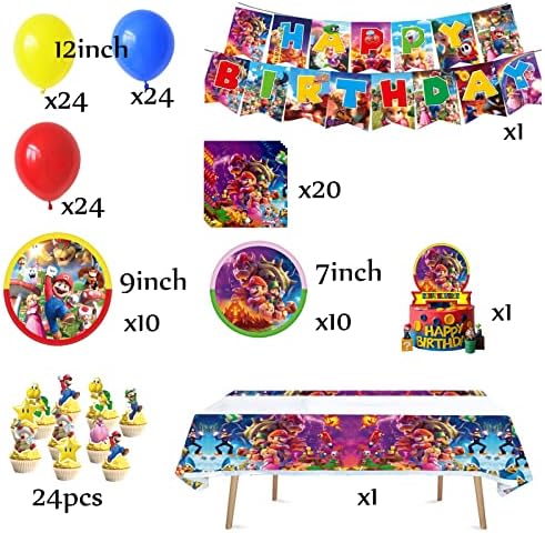 139 бр. балони за партита Mari, супер видео игра, за да проверите за рожден ден, банер, торта, топперы за кифли, покривка,