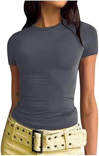 Жена Съкратен Топ Y2K, Летни плътно Прилепнали Спортни Тениски в рубчик с кръгло деколте и V-образно деколте, Скъпа Однотонная Клубна