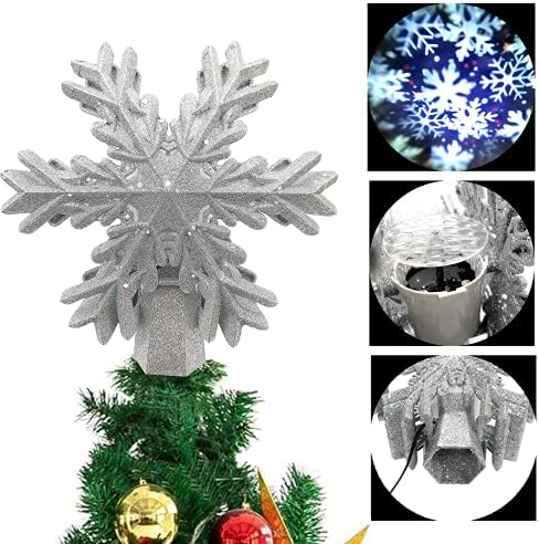 Topper за Коледната елха, Topper за Коледната Елха във формата на Снежинки, Осветен 3D Магически Въртяща led Кухи Проектор с Пайети, Топперы