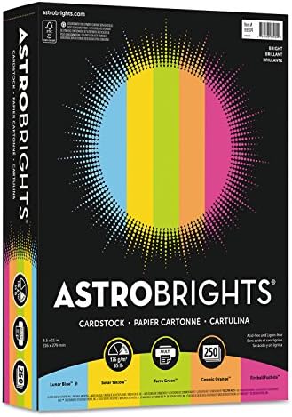 Цветен картон Astrobrights 99904 - продуктова гама Bright, 8 1/2 x 11, 5 Цвята, 65 паунда, 250 Листа
