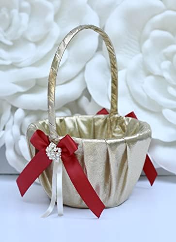 САМО Една Количка за момичета цвете, Сватбена кошница Златисто-червен цвят