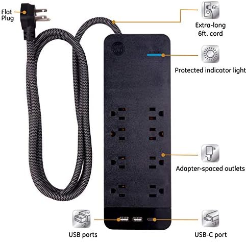 Мрежов филтър GE UltraPro на 8 контакти и Мрежов филтър GE UltraPro на 6 контакти, Дизайнерски Сплетен удължителен кабел с дължина от 6