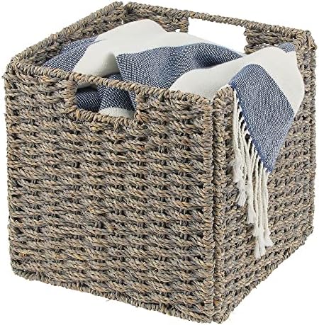 mDesign Органайзер за кошници, изтъкан от морска трева, с дръжки - За съхранение в спалнята, Домашния офис, хол, Баня, за организиране на рафтовете, за съхранение на одея?